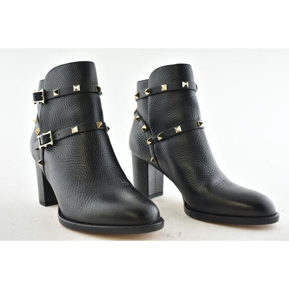 Valentino Rockstud City 70mm Black Leather Stud Block Heel Short Ankle Boot 36 - Picture 4 of 12
